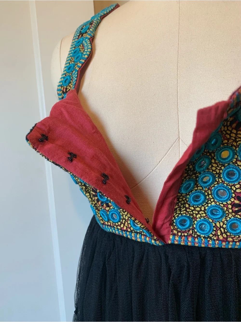 Free People Mirrored Turquoise & Gold Embroidered Dress with Black Net Skirt